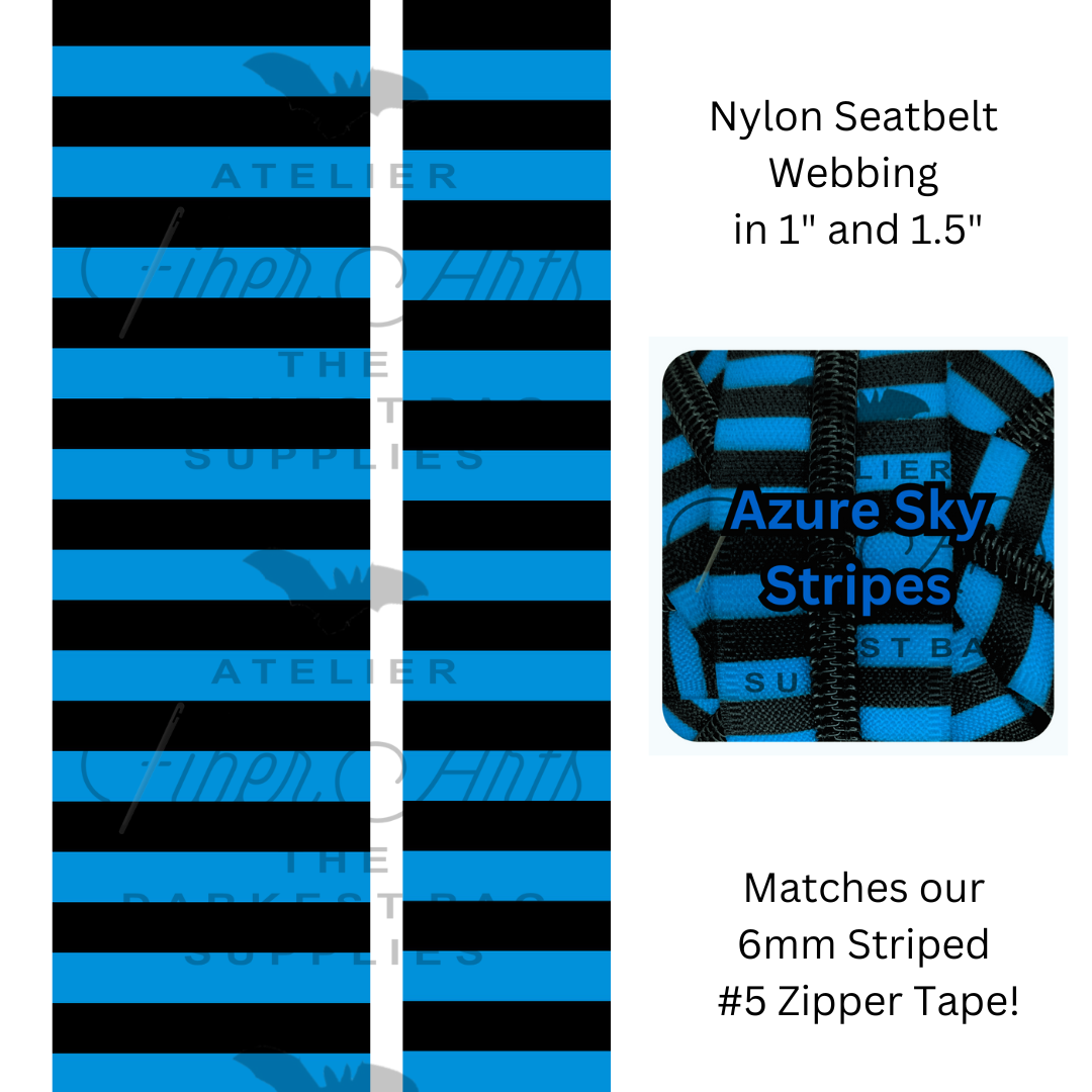 Pre-Order Webbing - Azure Sky and Black Stripes - in 2 sizes, sold by the meter at Atelier Fiber Arts