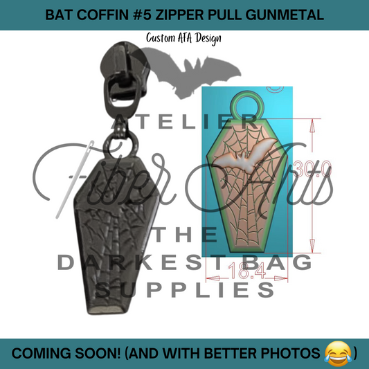 COMING SOON! #5 Bat Coffin Nylon Zipper Pulls in Gunmetal - 3pcs at Atelier Fiber Arts