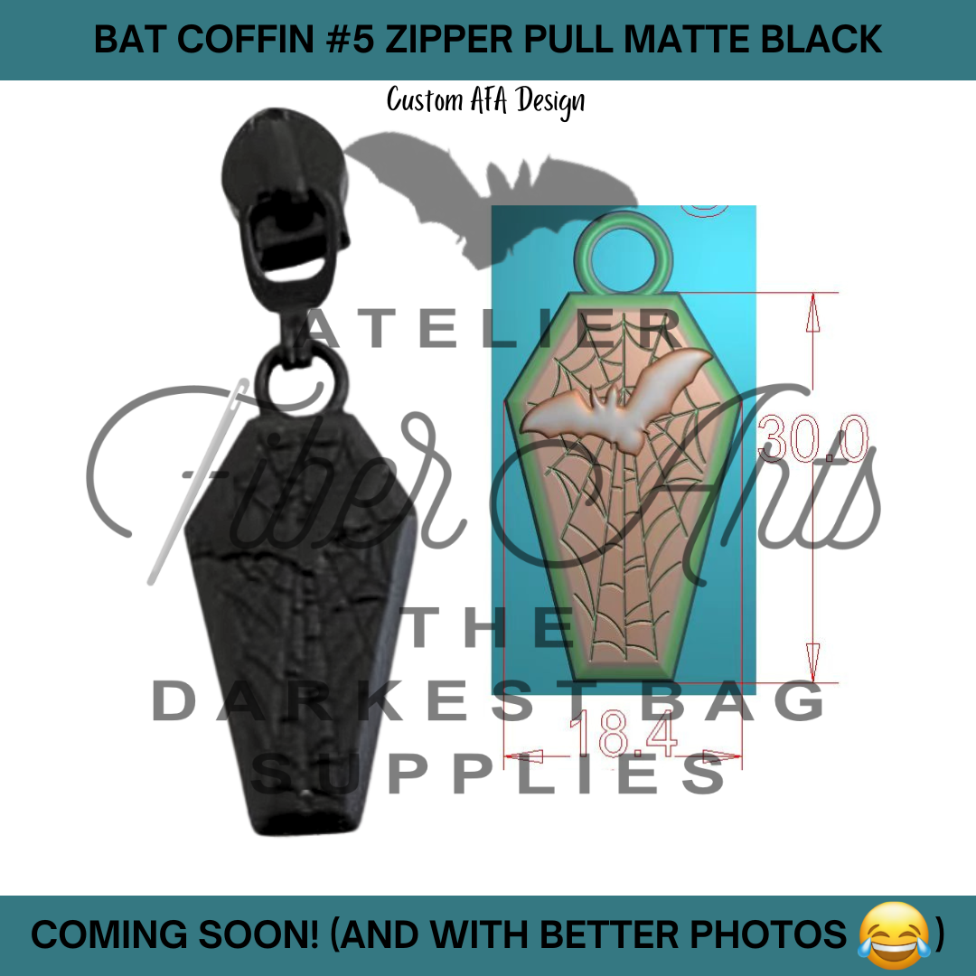 COMING SOON! #5 Bat Coffin Nylon Zipper Pulls in Matte Black - 3pcs at Atelier Fiber Arts