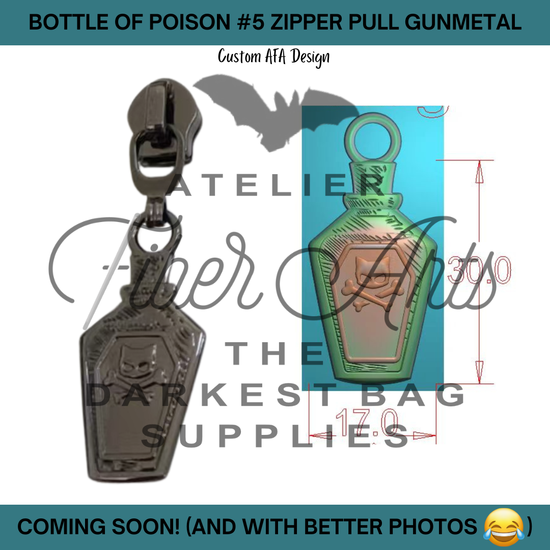 COMING SOON! #5 Bottle of Poison in Nylon Zipper Pulls in Gunmetal - 3pcs at Atelier Fiber Arts