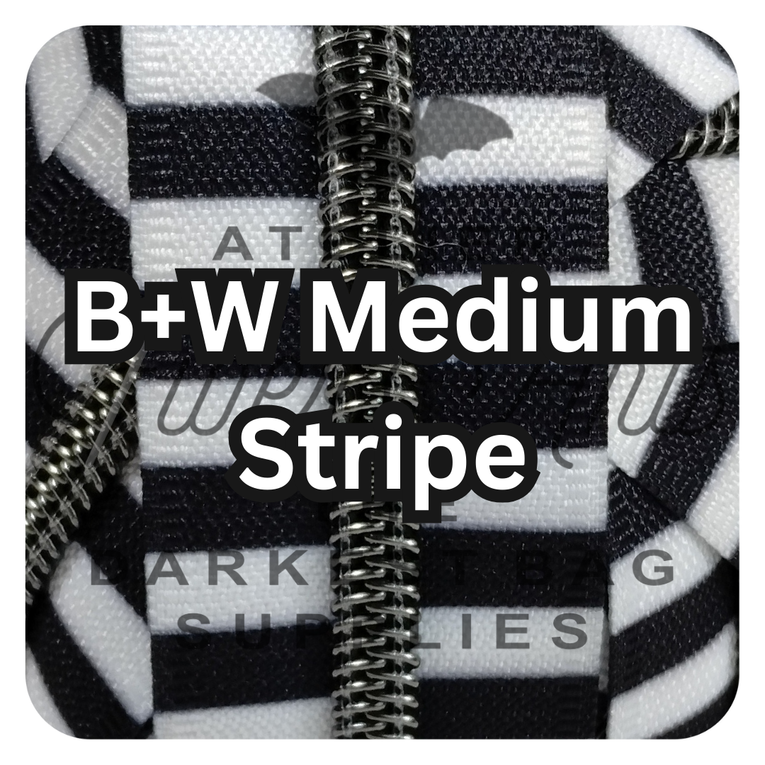 #5 Zipper - B&W Medium Stripes - by the meter - Gunmetal Teeth at Atelier Fiber Arts