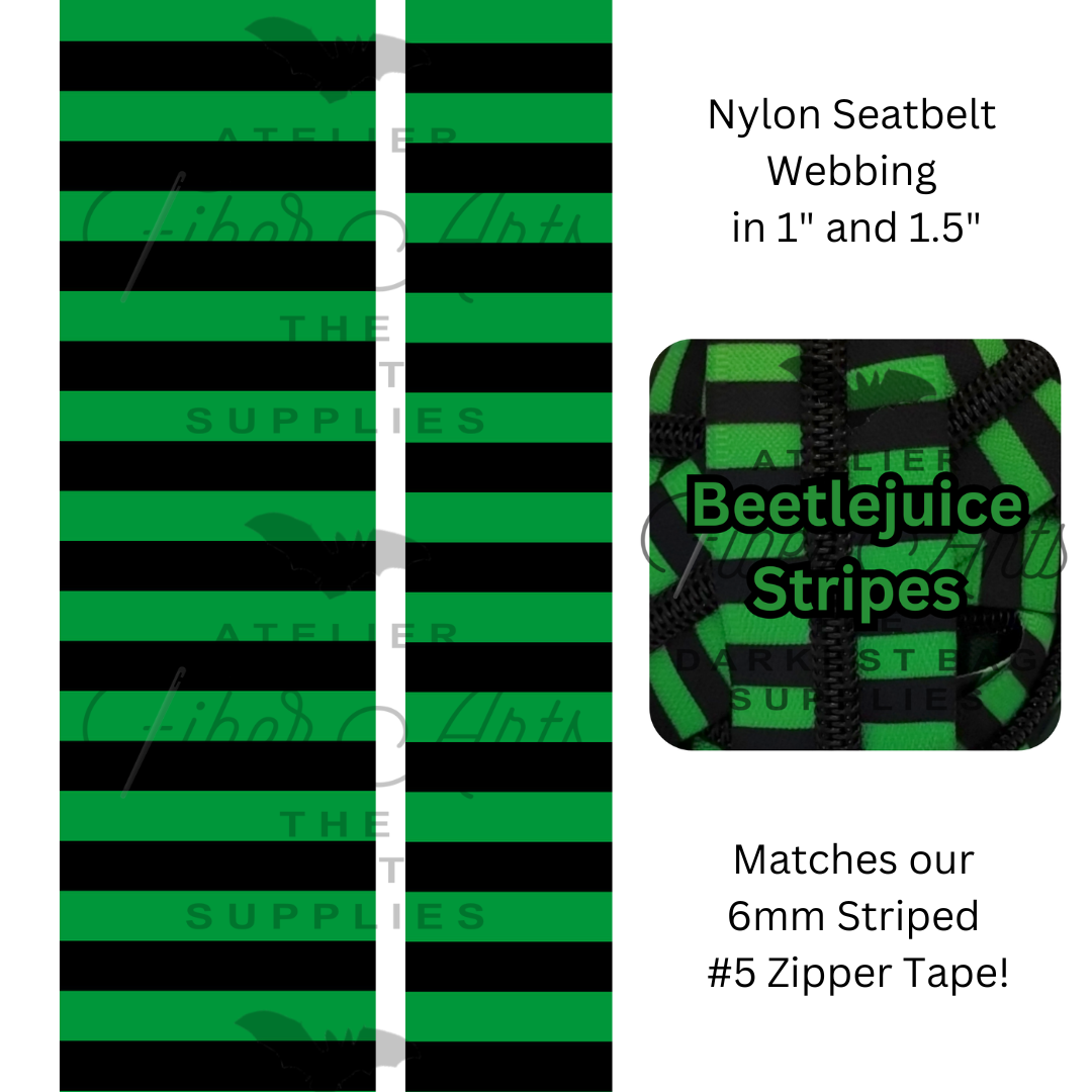 Pre-Order Webbing - BJ Green and Black Stripes - in 2 sizes, sold by the meter at Atelier Fiber Arts