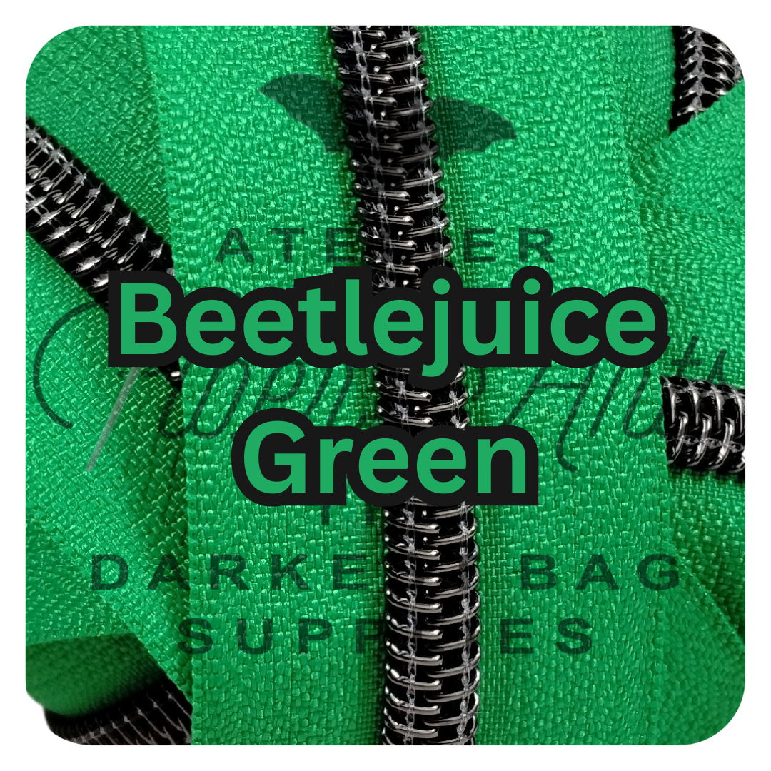 #5 Zipper - Beetlejuice Green - by the meter - Gunmetal Teeth at Atelier Fiber Arts