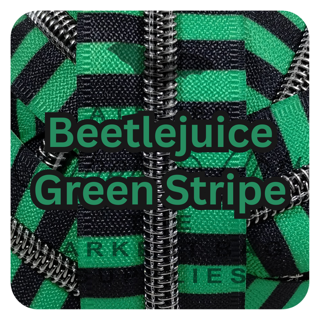 #5 Zipper - Beetlejuice Green + Black Stripes - by the meter - Gunmetal Teeth at Atelier Fiber Arts