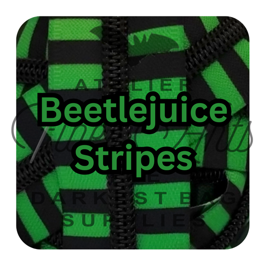 #5 Zipper - Beetlejuice Green + Black Stripes - by the meter - Black Teeth at Atelier Fiber Arts