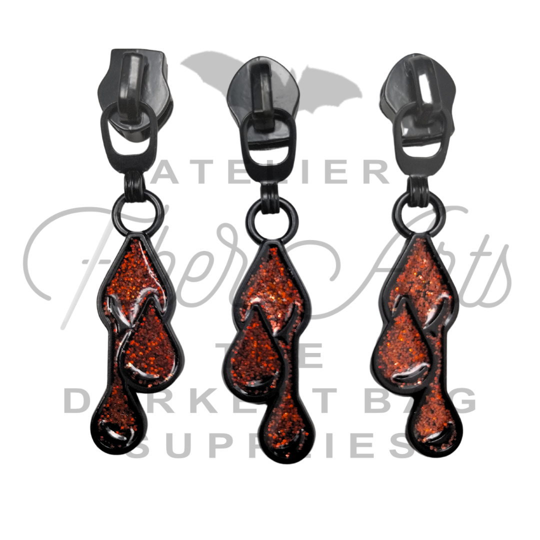 #5 Blood Droplets Enamel Nylon Zipper Pulls - Matte Black - 3pcs at Atelier Fiber Arts