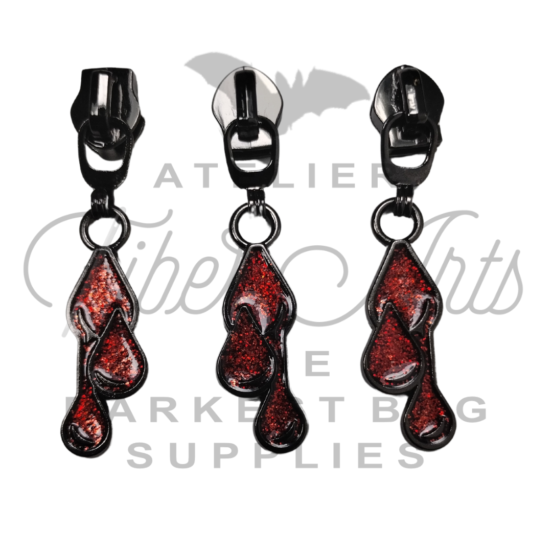 #5 Blood Droplets Enamel Nylon Zipper Pulls - Gunmetal - 3pcs at Atelier Fiber Arts