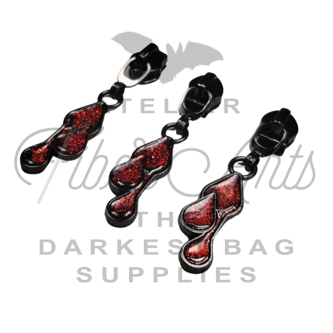 #5 Blood Droplets Enamel Nylon Zipper Pulls - Gunmetal - 3pcs at Atelier Fiber Arts