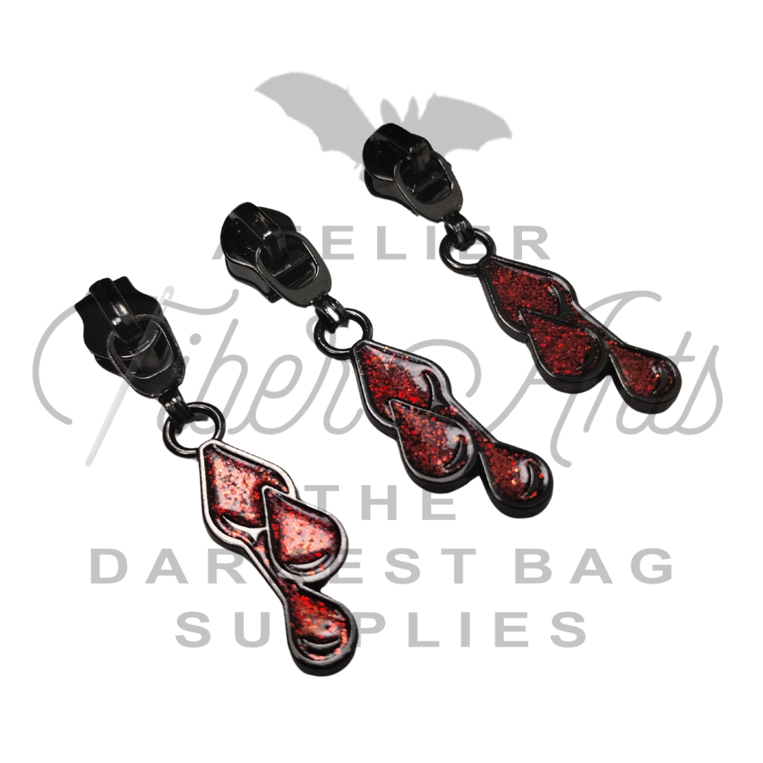 #5 Blood Droplets Enamel Nylon Zipper Pulls - Gunmetal - 3pcs at Atelier Fiber Arts