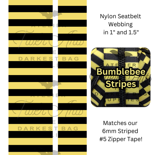 Pre-Order Webbing - Bumblebee and Black Stripes - in 2 sizes, sold by the meter at Atelier Fiber Arts