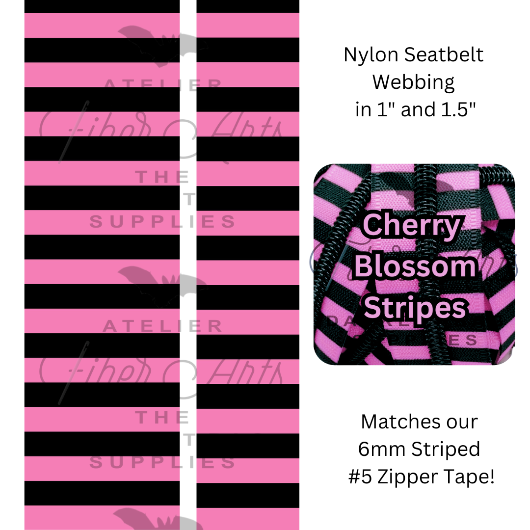 Pre-Order Webbing - Cherry Blossom and Black Stripes - in 2 sizes, sold by the meter at Atelier Fiber Arts