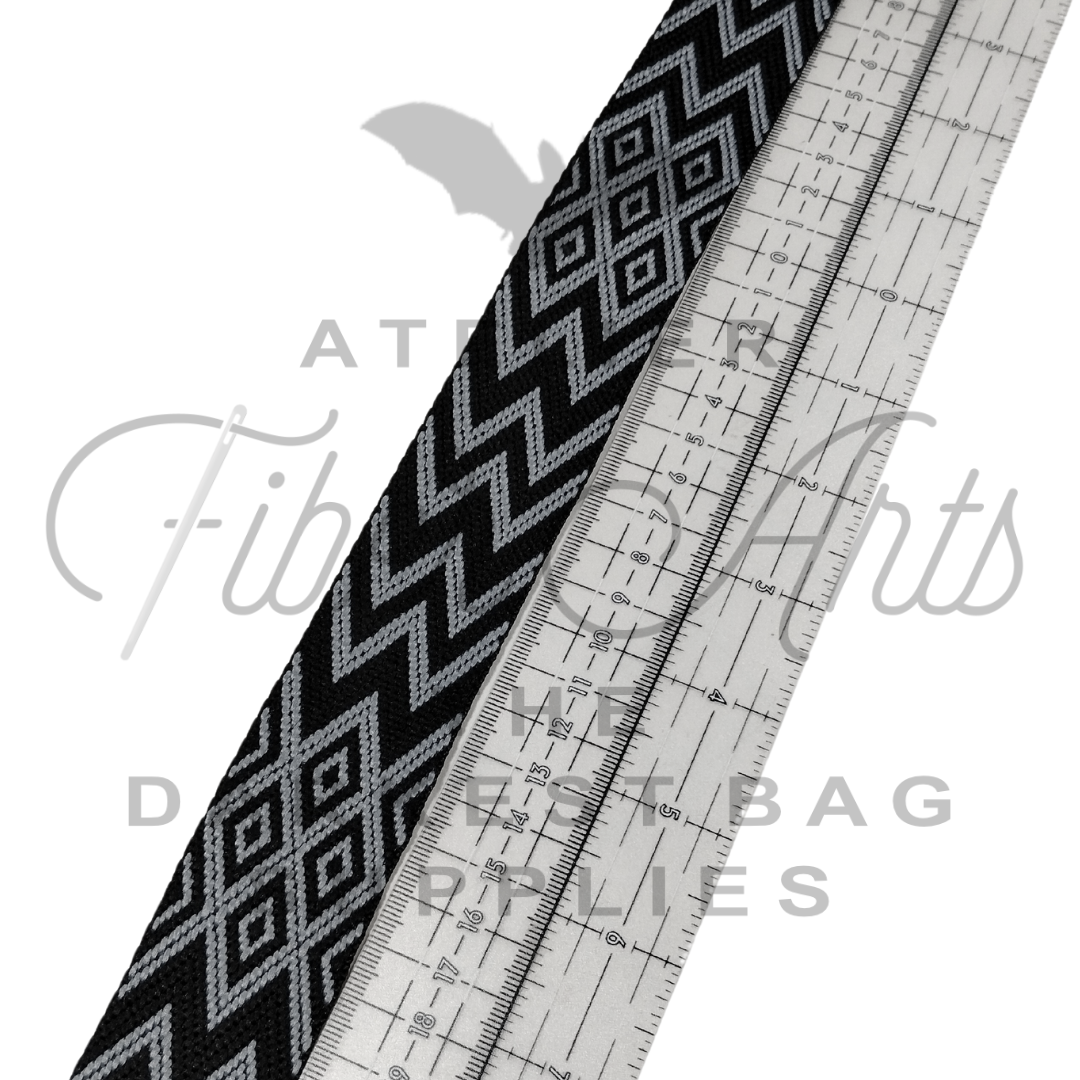 Webbing - Jaquard Diamonds and Zig Zags - Grey - 38mm (1.5in) - sold by the meter at Atelier Fiber Arts