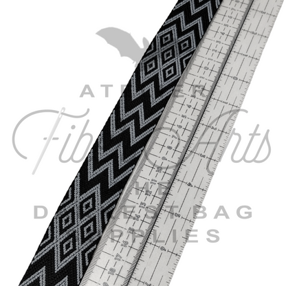 Webbing - Jaquard Diamonds and Zig Zags - Grey - 38mm (1.5in) - sold by the meter at Atelier Fiber Arts