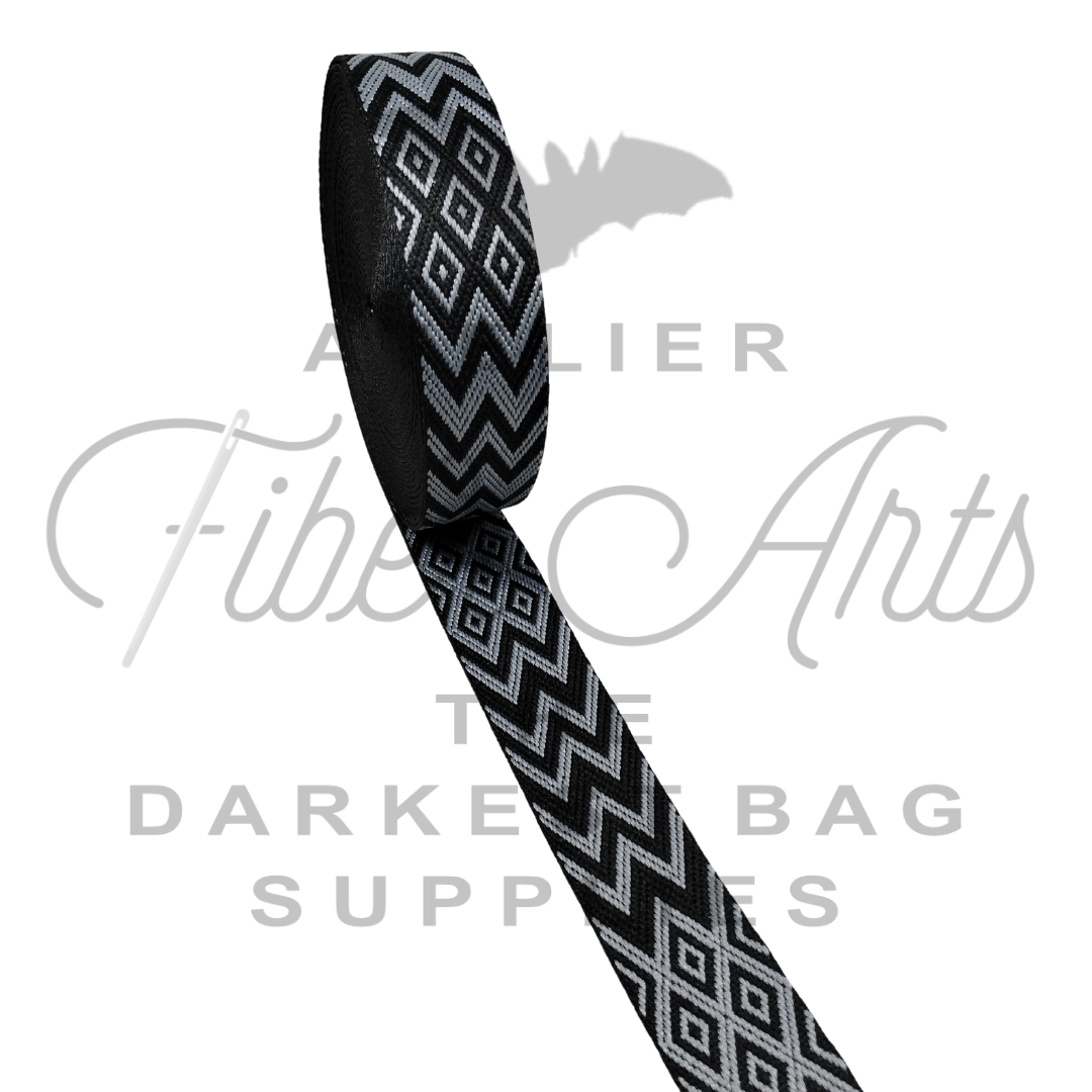 Webbing - Jaquard Diamonds and Zig Zags - Grey - 38mm (1.5in) - sold by the meter at Atelier Fiber Arts