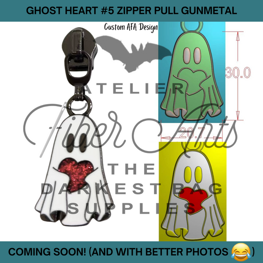 COMING SOON! #5 Ghost Heart Enamel Nylon Zipper Pulls in Gunmetal - 3pcs at Atelier Fiber Arts