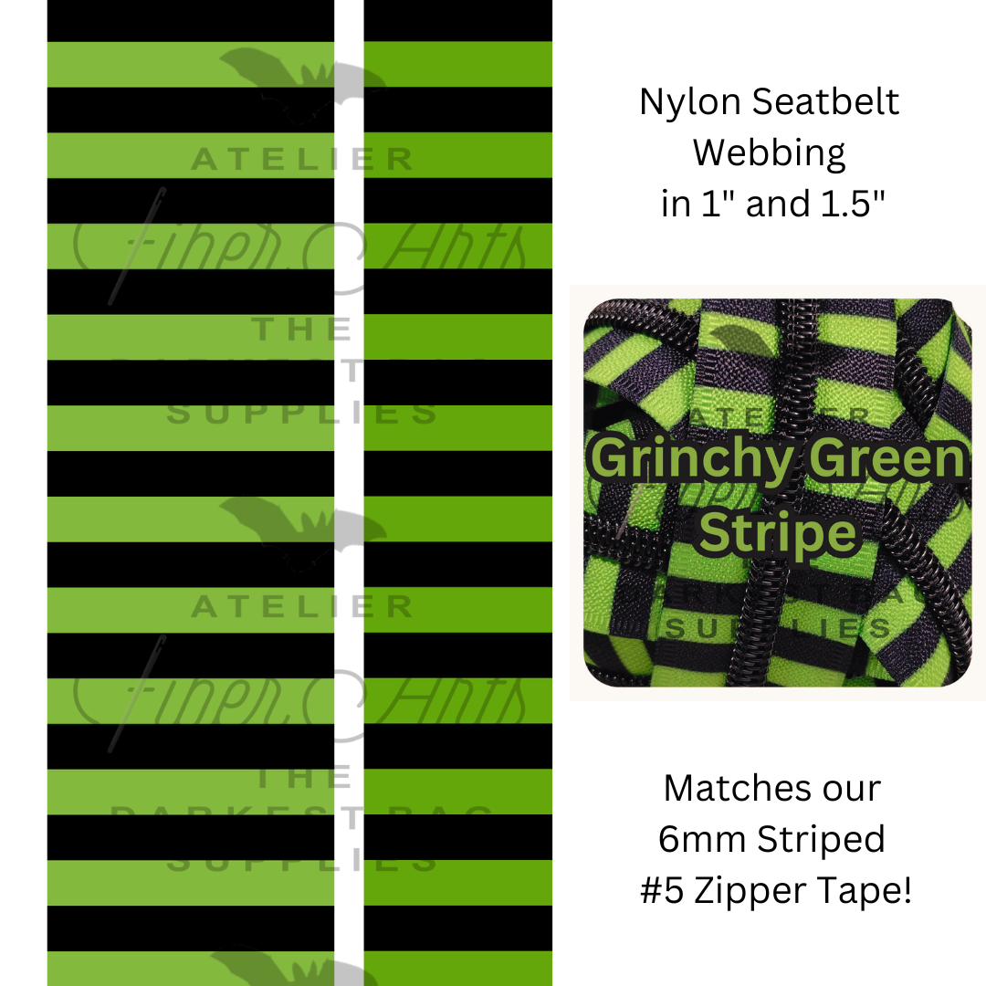 Pre-Order Webbing - Grinchy Green and Black Stripes - in 2 sizes, sold by the meter at Atelier Fiber Arts