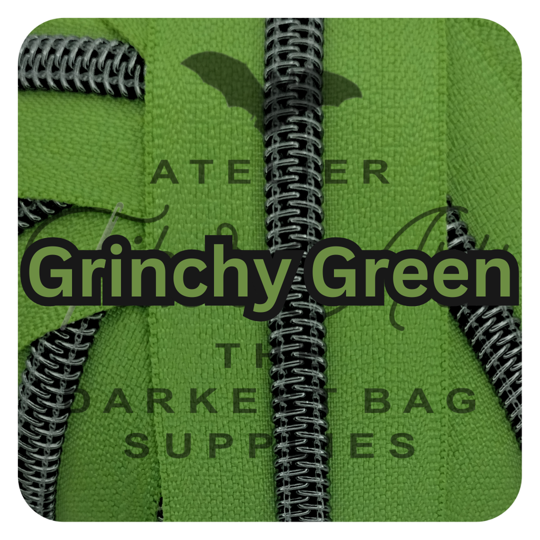 #5 Zipper - Grinchy Green - by the meter - Gunmetal Teeth at Atelier Fiber Arts