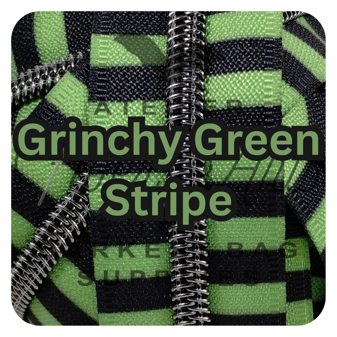 #5 Zipper - Grinchy Green + Black Stripes - by the meter - Gunmetal Teeth at Atelier Fiber Arts