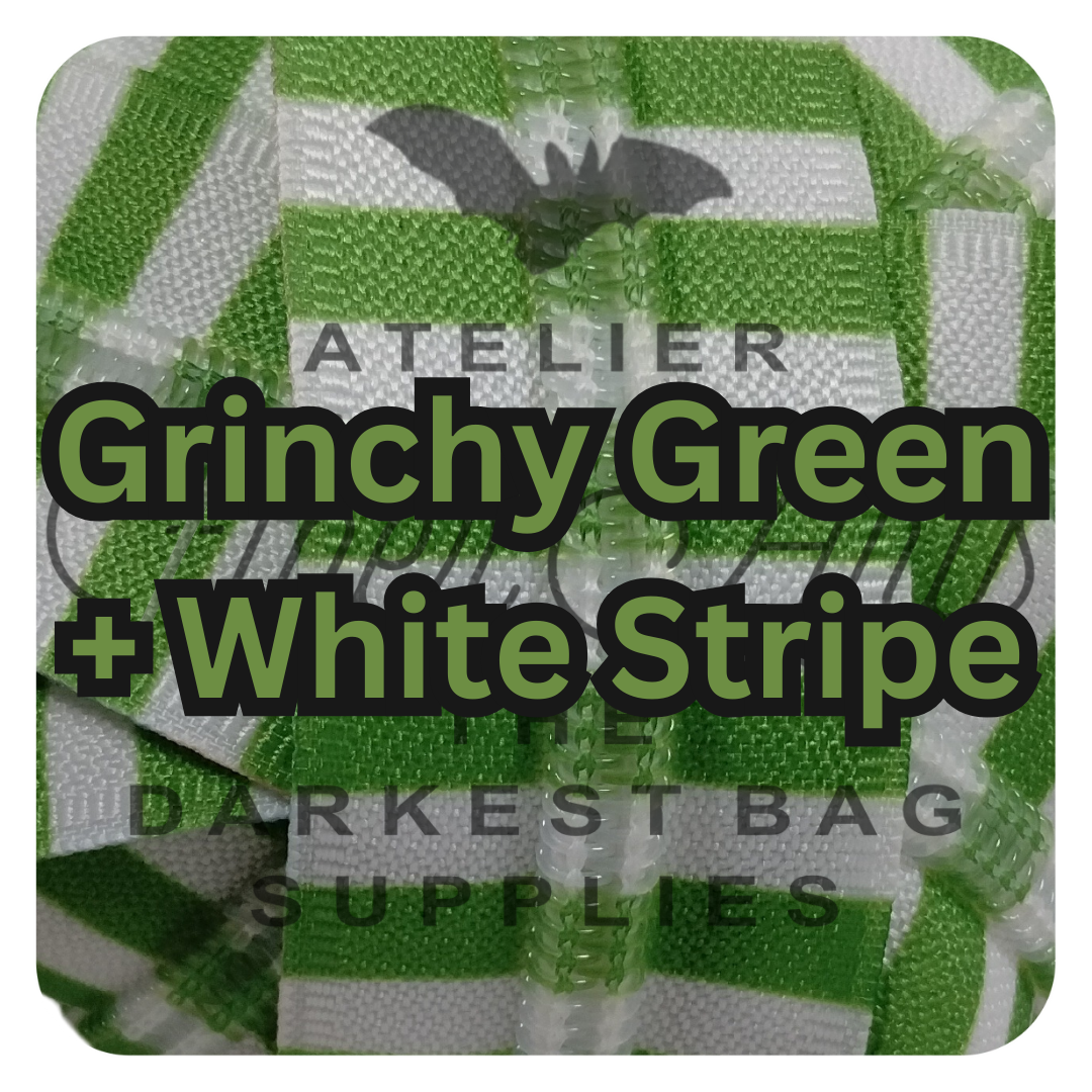 #5 Zipper - Grinchy Green + White Stripes - by the meter - Teeth Dyed to Match at Atelier Fiber Arts