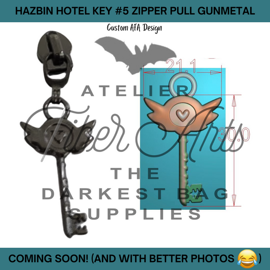 COMING SOON! #5 Hazbin Hotel Key Nylon Zipper Pulls in Gunmetal - 3pcs at Atelier Fiber Arts