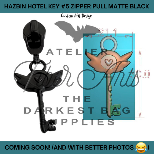 COMING SOON! #5 Hazbin Hotel Key Nylon Zipper Pulls in Matte Black - 3pcs at Atelier Fiber Arts