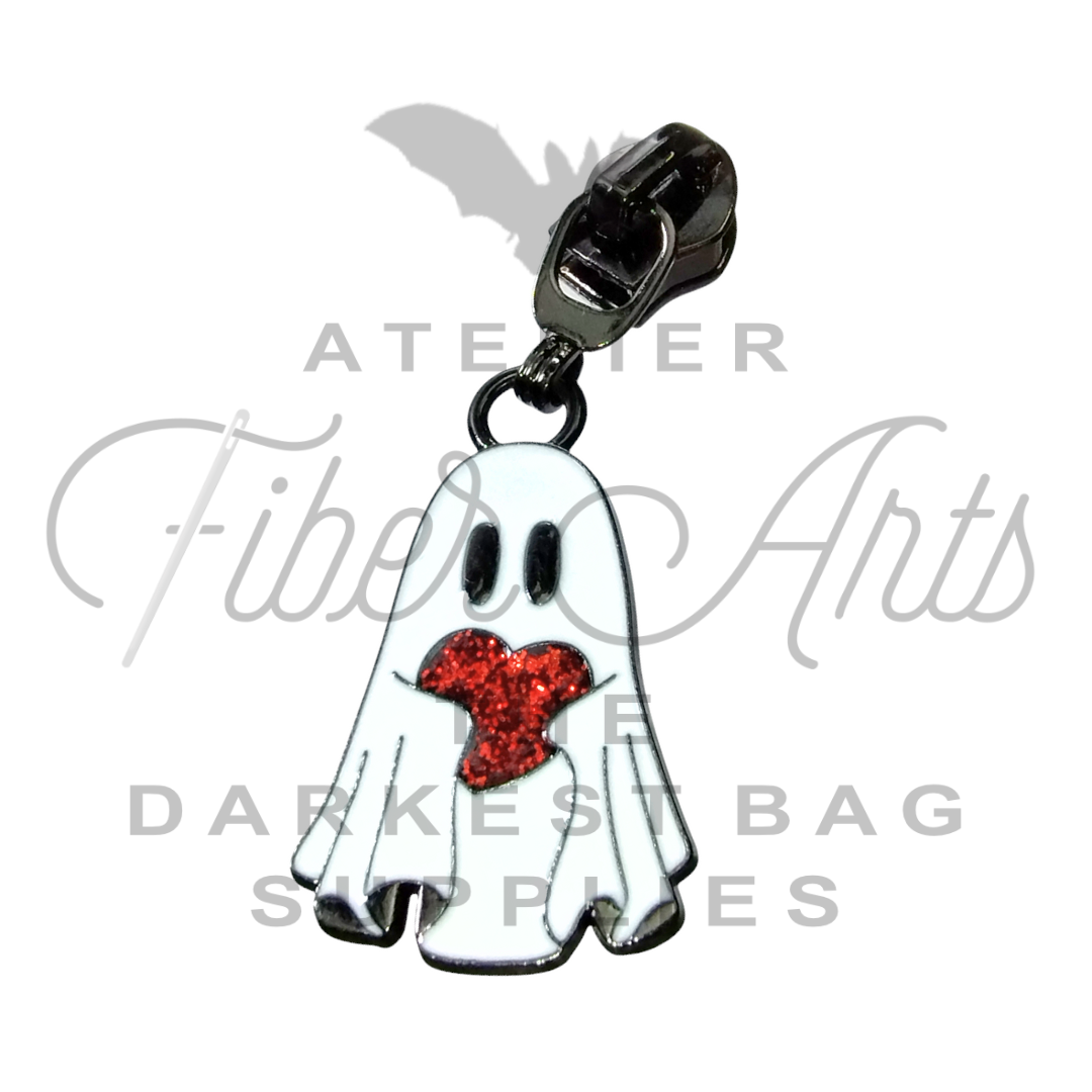 #5 Ghost Heart Enamel Nylon Zipper Pulls in Gunmetal - 3pcs at Atelier Fiber Arts