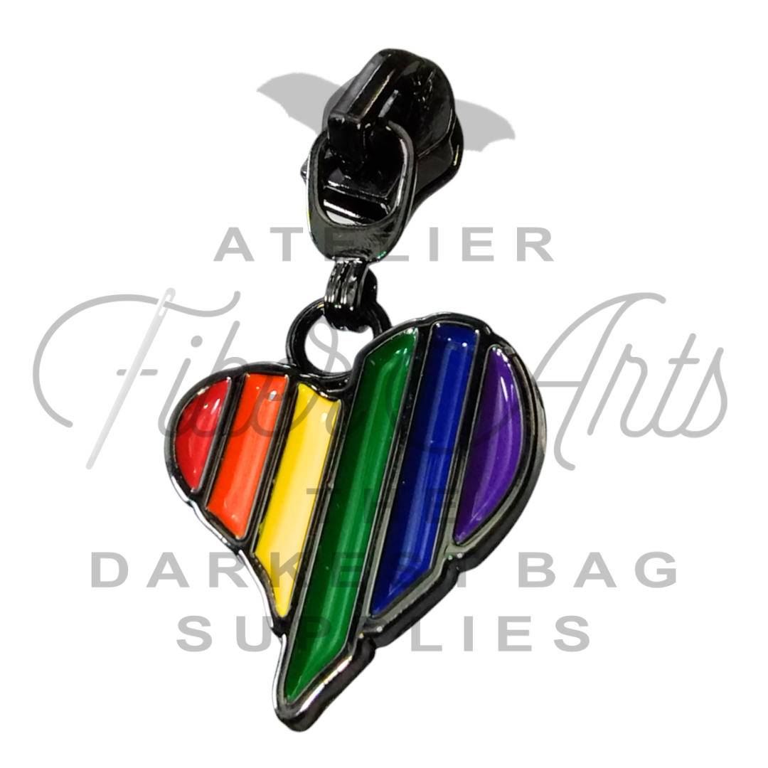 #5 Rainbow Heart Enamel Nylon Zipper Pulls in Gunmetal - 3pcs at Atelier Fiber Arts