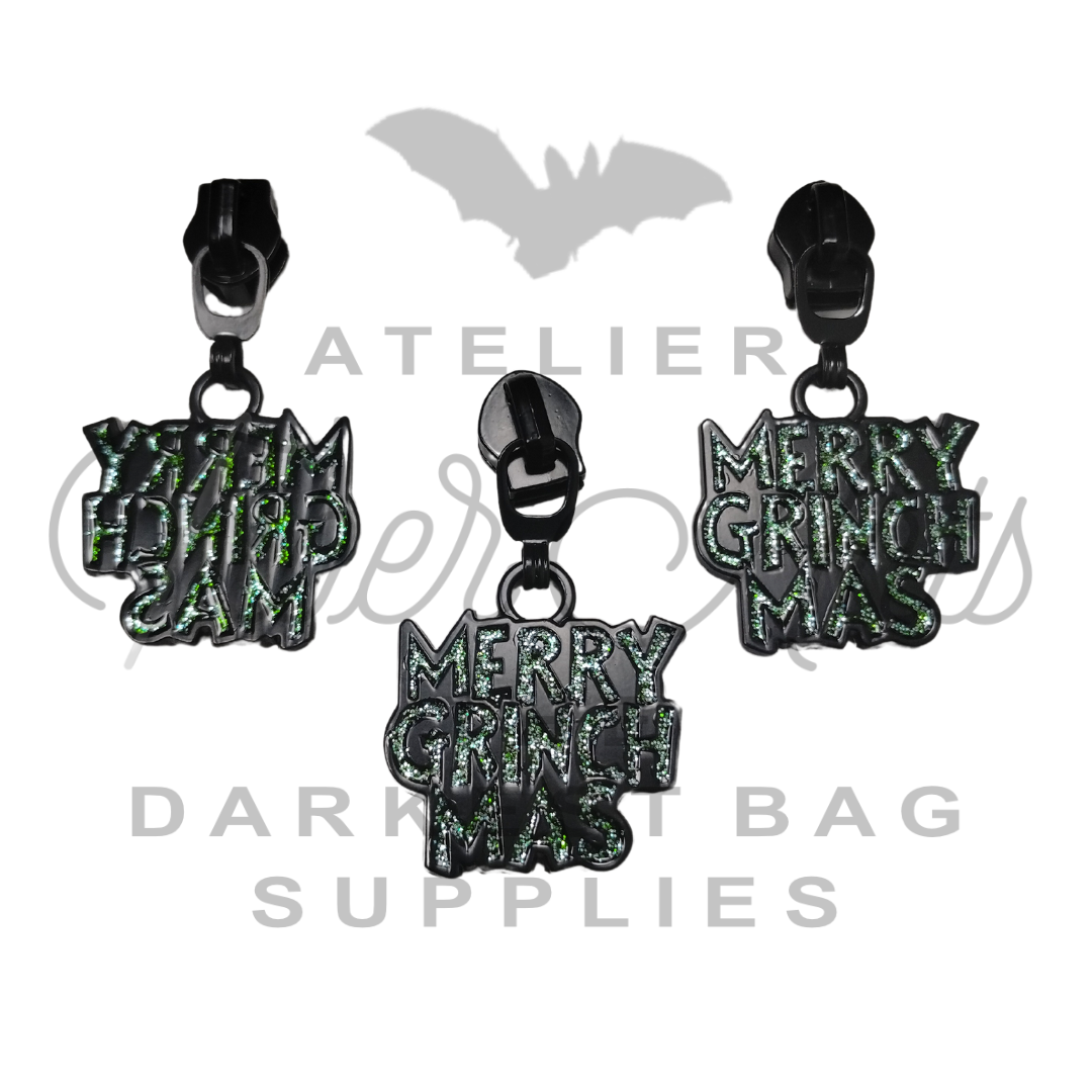 #5 Merry Grinchmas Enamel Nylon Zipper Pulls - Matte Black - 3pcs at Atelier Fiber Arts