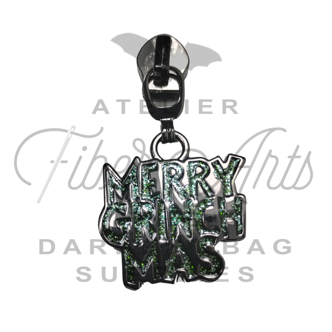 #5 Merry Grinchmas Enamel Nylon Zipper Pulls - Gunmetal - 3pcs at Atelier Fiber Arts