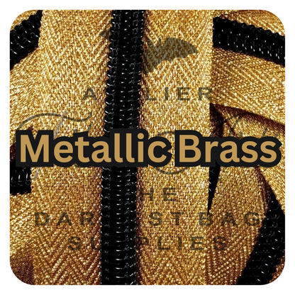 #5 Zipper - Brass - by the meter - Black Teeth - Metallic Silk at Atelier Fiber Arts