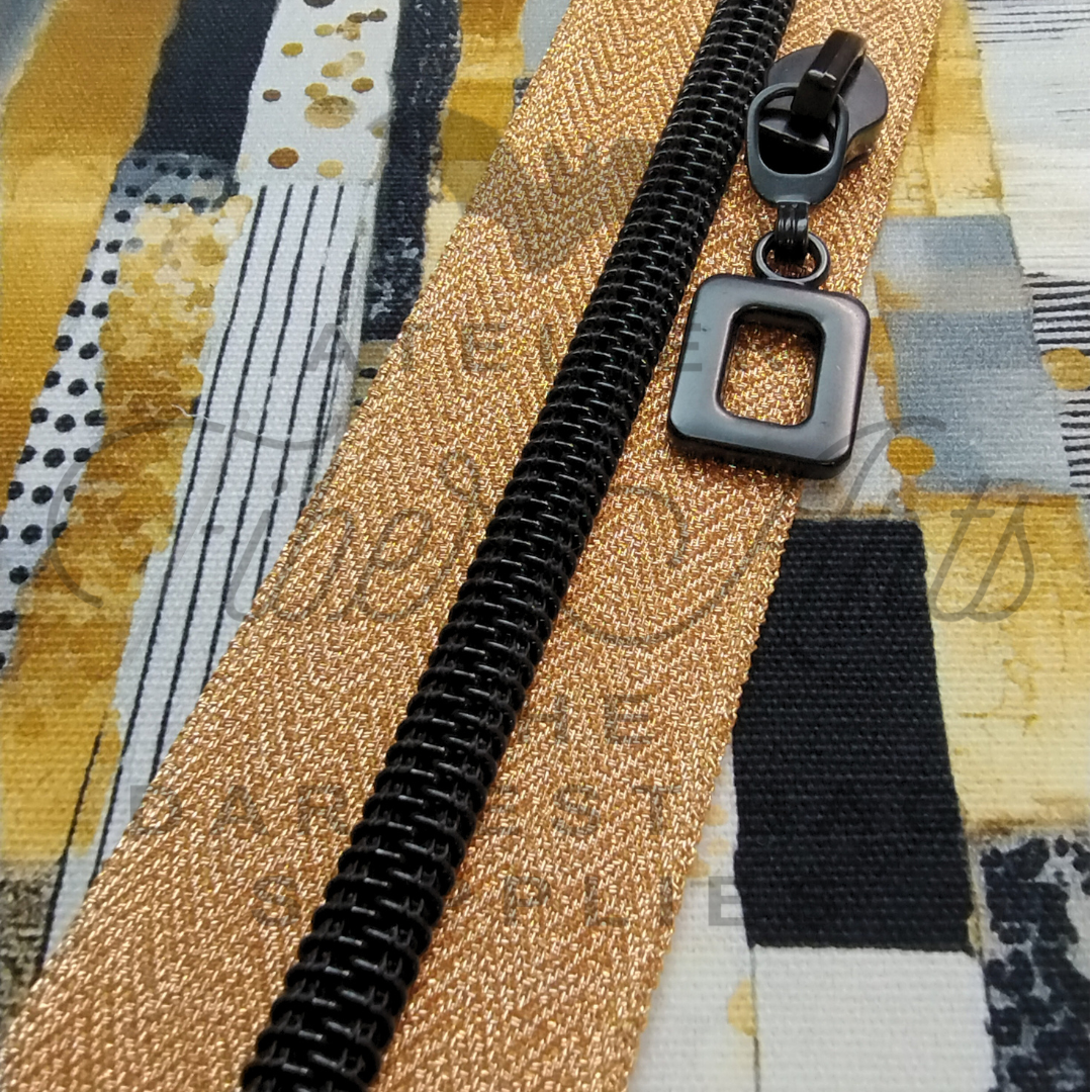 #5 Zipper - Brass - by the meter - Black Teeth - Metallic Silk at Atelier Fiber Arts