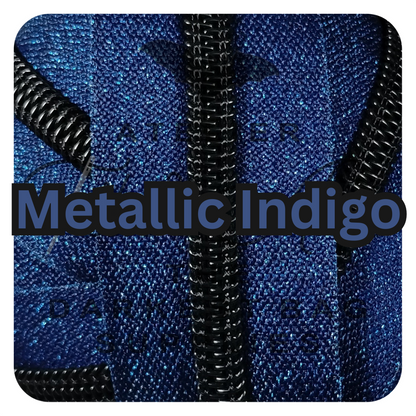 #5 Zipper - Indigo Blue - by the meter - Black Teeth - Metallic Silk at Atelier Fiber Arts