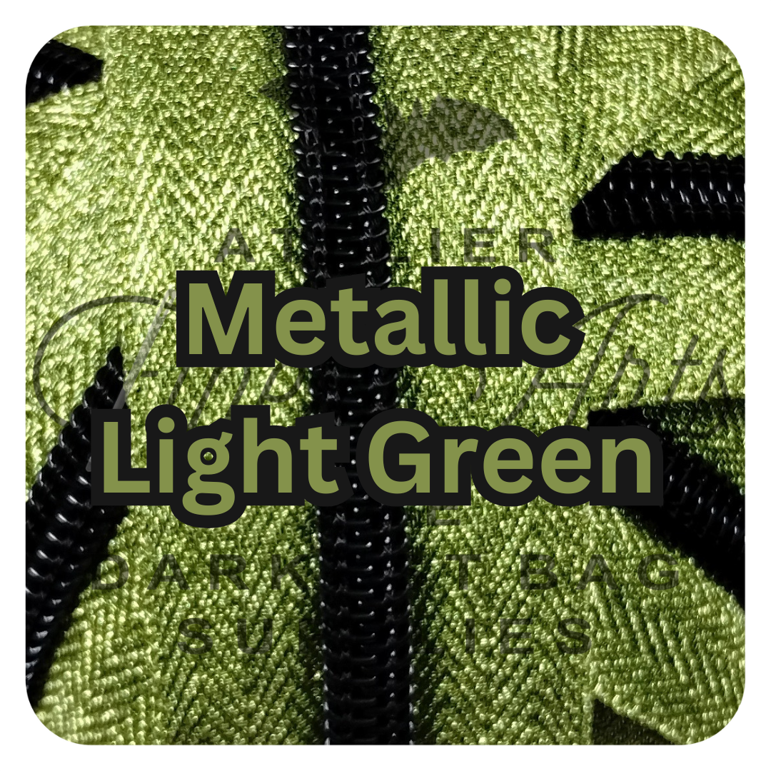 #5 Zipper - Light Green - by the meter - Black Teeth - Metallic Silk at Atelier Fiber Arts