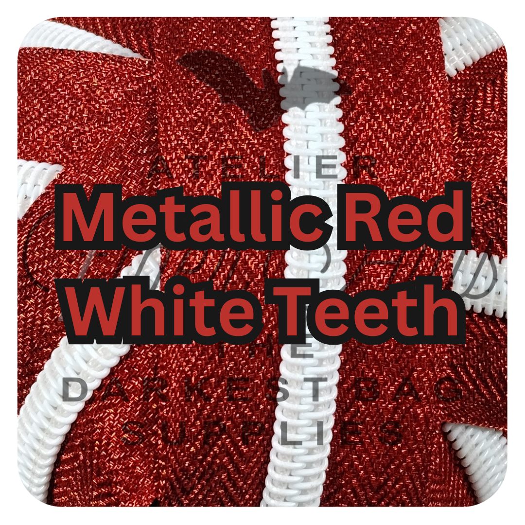 #5 Zipper - Red - by the meter - White Teeth - Metallic Silk at Atelier Fiber Arts