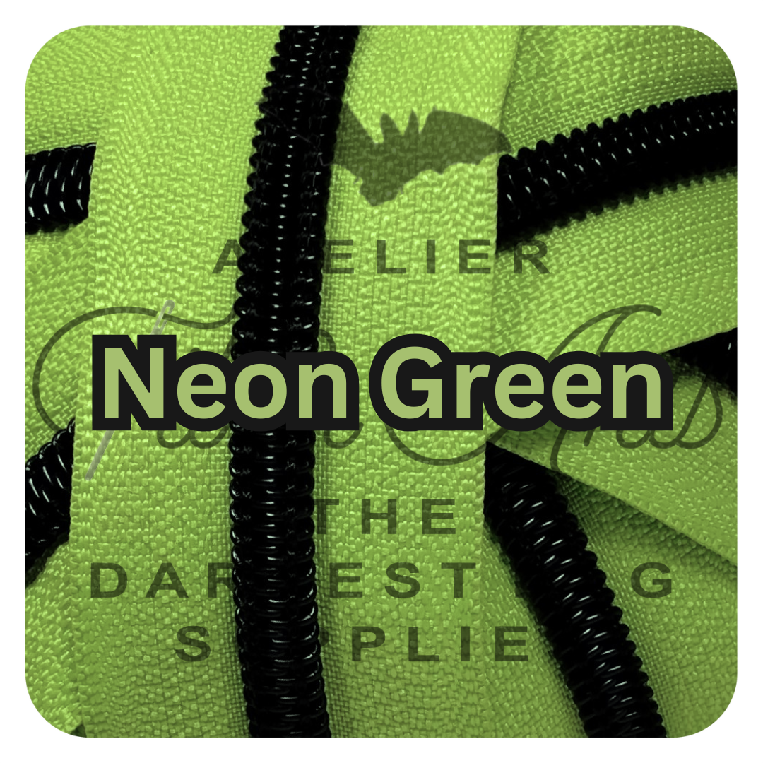 #5 Zipper - Neon Green - by the meter - Black Teeth at Atelier Fiber Arts