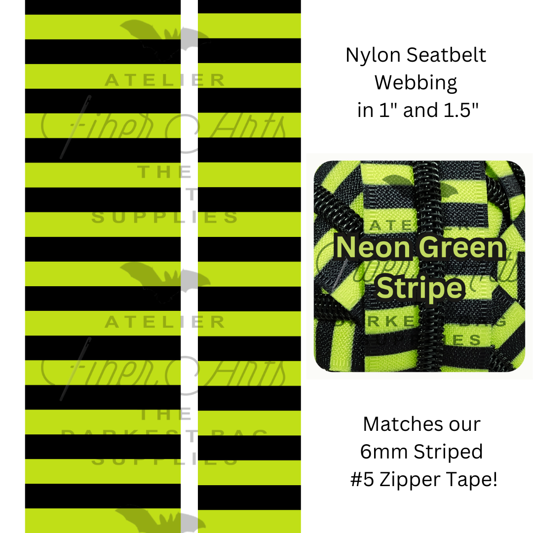 Pre-Order Webbing - Neon Green and Black Stripes - in 2 sizes, sold by the meter at Atelier Fiber Arts