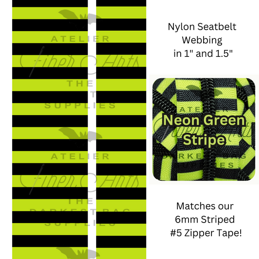 Pre-Order Webbing - Neon Green and Black Stripes - in 2 sizes, sold by the meter at Atelier Fiber Arts