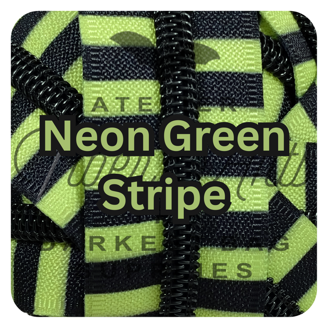 #5 Zipper - Neon Green + Black Stripes - by the meter - Black Teeth at Atelier Fiber Arts