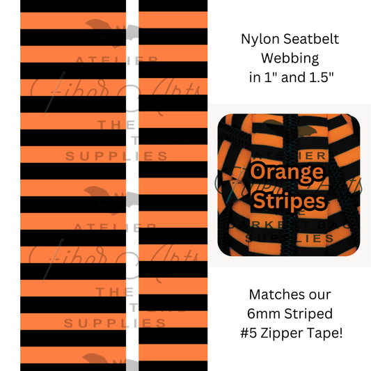 Pre-Order Webbing - Orange and Black Stripes - in 2 sizes, sold by the meter at Atelier Fiber Arts