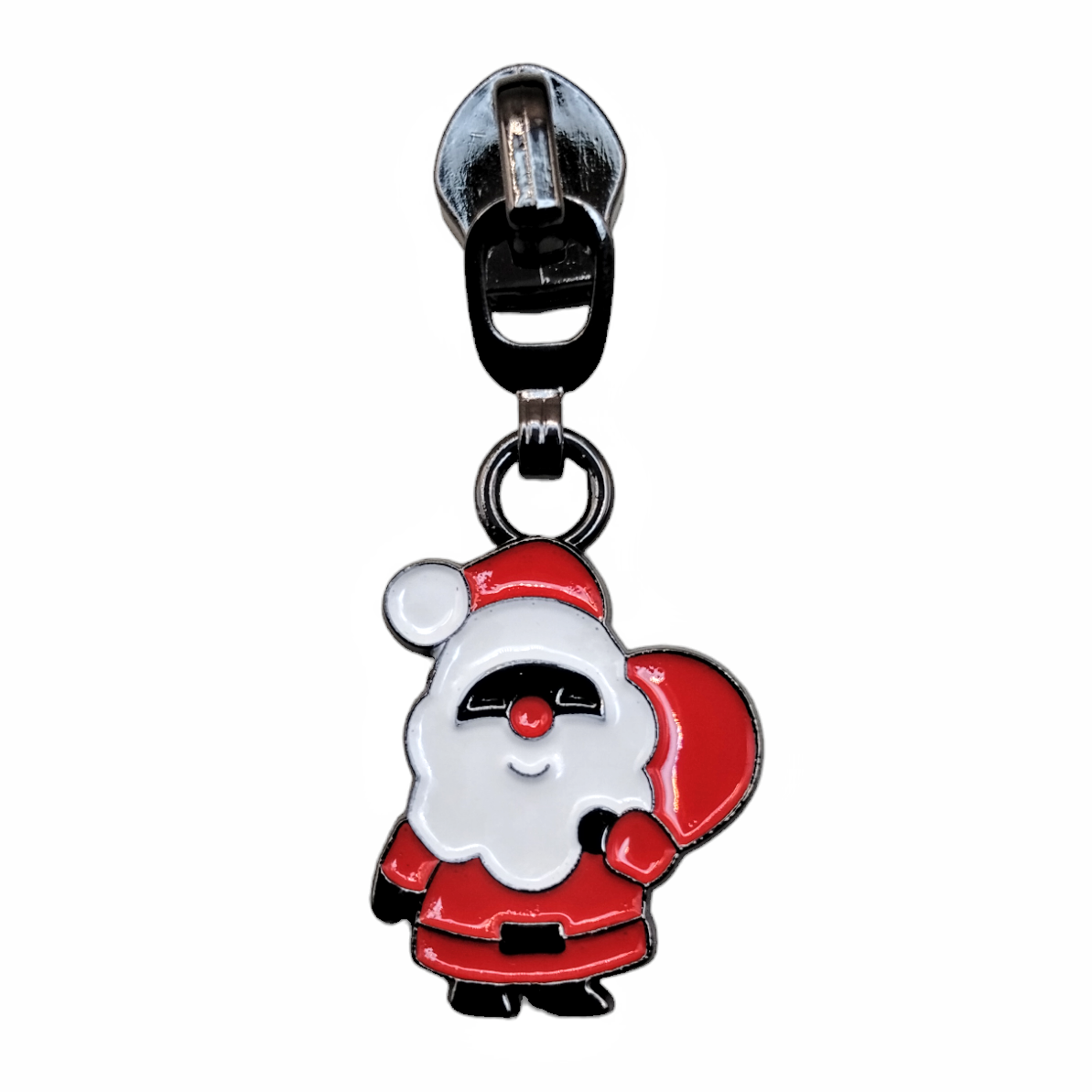 #5 Jollyday Santa Enamel Nylon Zipper Pulls in Gunmetal - 3pcs at Atelier Fiber Arts