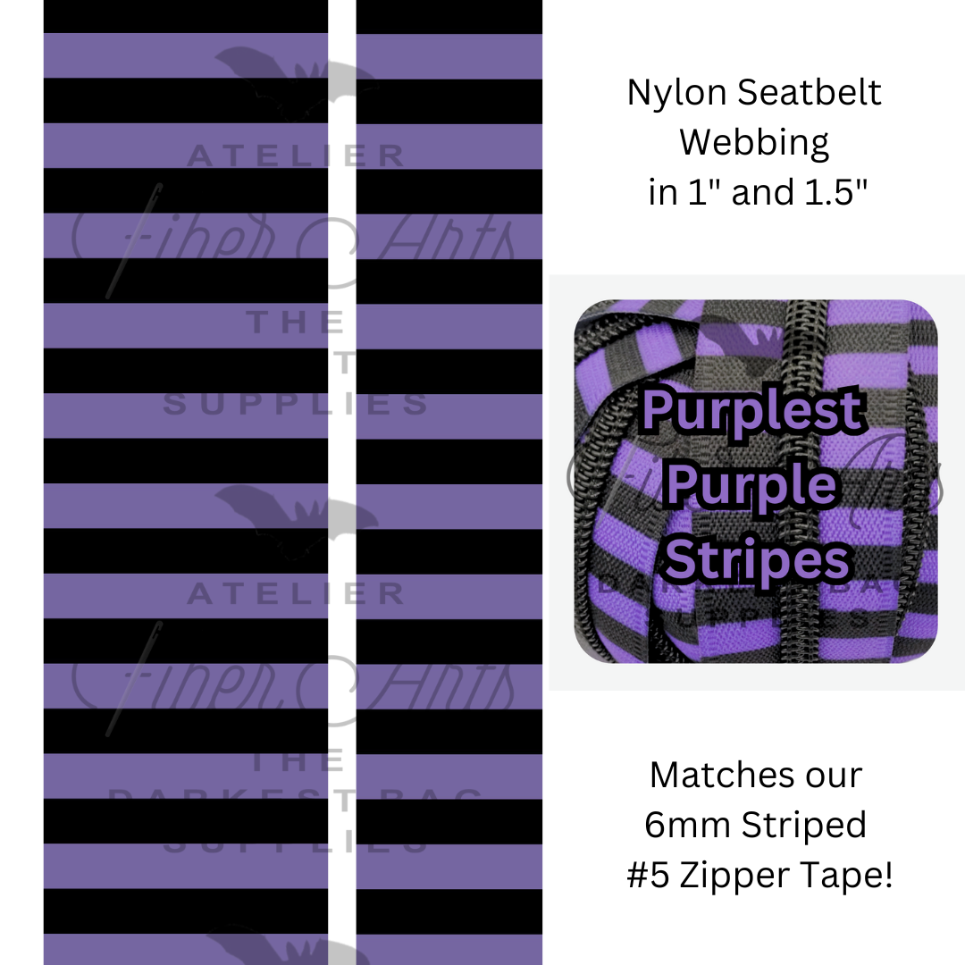 Pre-Order Webbing - Purplest Purple and Black Stripes - in 2 sizes, sold by the meter at Atelier Fiber Arts