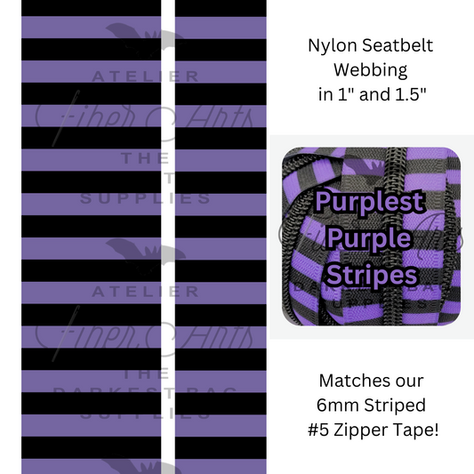 Pre-Order Webbing - Purplest Purple and Black Stripes - in 2 sizes, sold by the meter at Atelier Fiber Arts