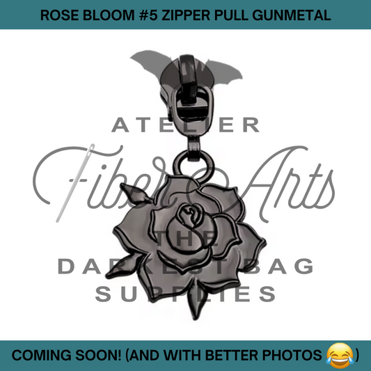 COMING SOON! #5 Rose Bloom Nylon Zipper Pulls Gunmetal - 3pcs at Atelier Fiber Arts