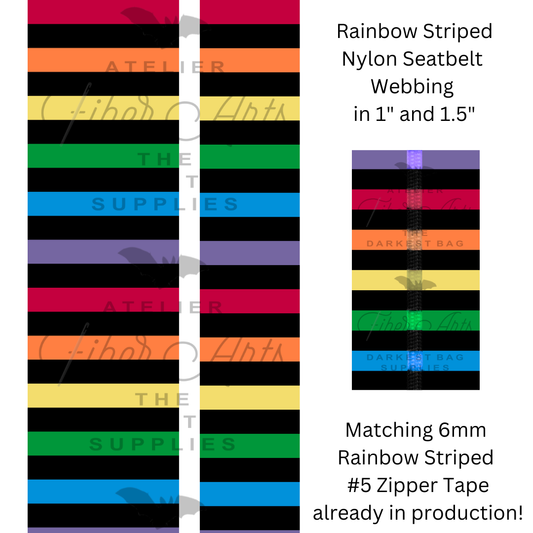 Pre-Order Webbing - Rainbow and Black Stripes - in 2 sizes, sold by the meter at Atelier Fiber Arts