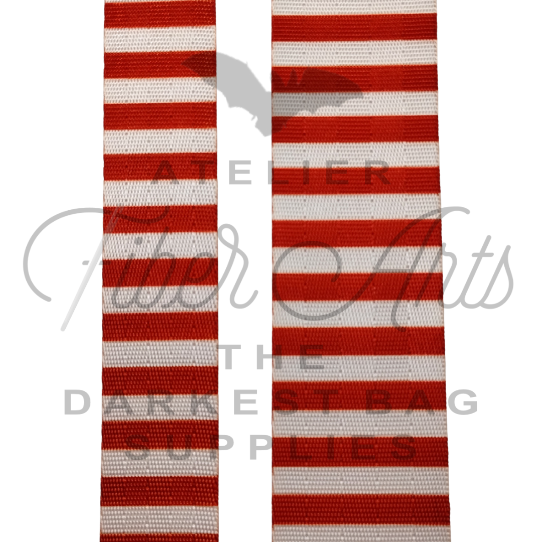 Webbing - Red + White Stripes - in 2 sizes, sold by the meter at Atelier Fiber Arts