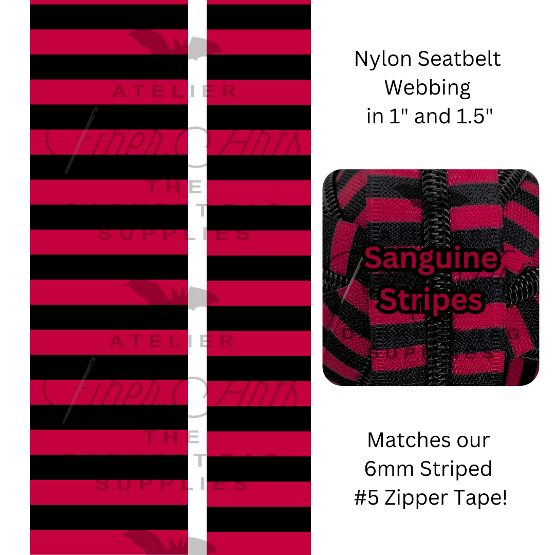 Pre-Order Webbing - Sanguine and Black Stripes - in 2 sizes, sold by the meter at Atelier Fiber Arts