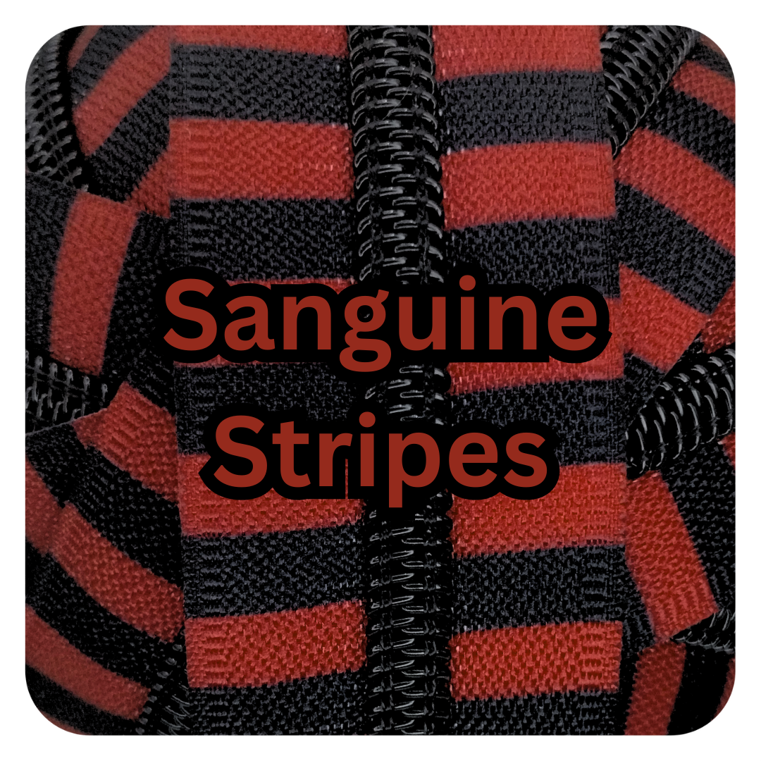 #5 Zipper - Sanguine + Black Stripes - by the meter - Black Teeth at Atelier Fiber Arts