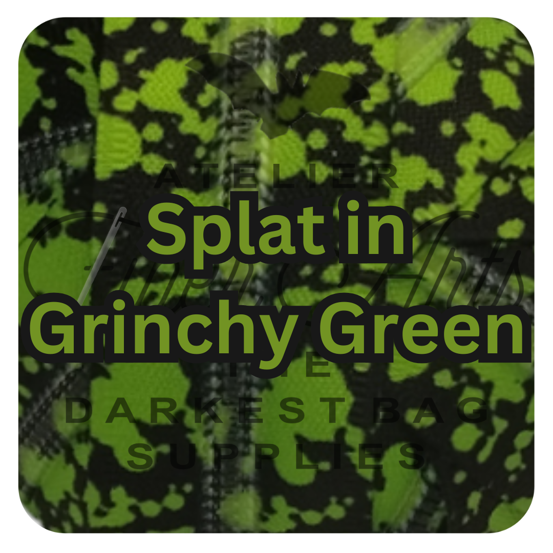 #5 Zipper - Splat in Grinchy Green - by the meter - Teeth Dyed to Match at Atelier Fiber Arts