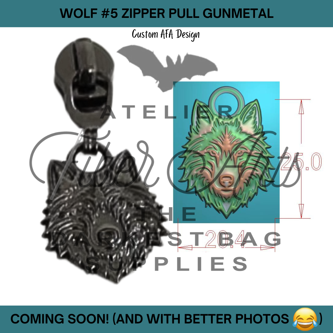 COMING SOON! #5 Wolf Nylon Zipper Pulls in Gunmetal - 3pcs at Atelier Fiber Arts