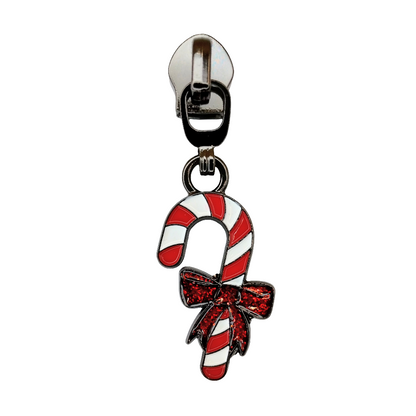 #5 Jollyday Candy Cane Enamel Nylon Zipper Pulls in Gunmetal - 3pcs at Atelier Fiber Arts